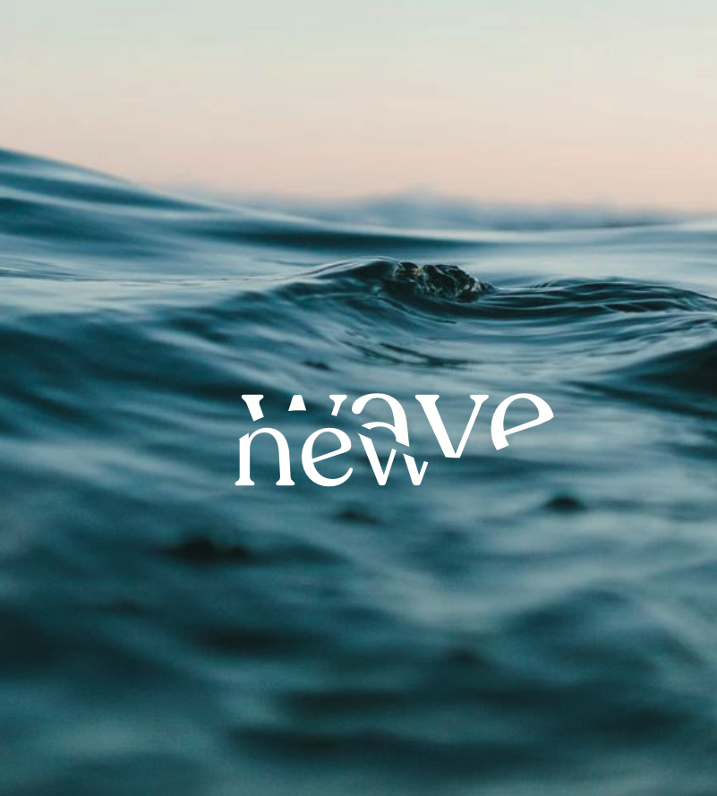 New Wave logo over a calm ocean at dusk